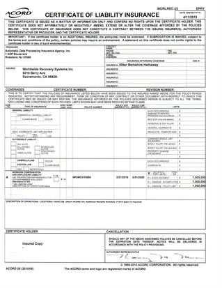 Certificate of Liability Insurance